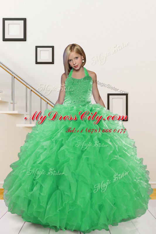 Halter Top Green Sleeveless Organza Lace Up Evening Gowns for Military Ball and Sweet 16 and Quinceanera