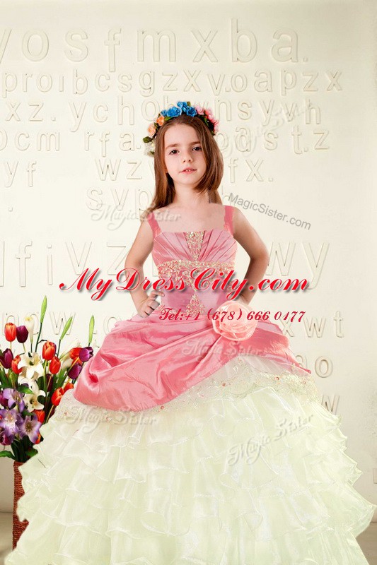 Ruffled Floor Length Ball Gowns Sleeveless Pink Party Dress for Toddlers Lace Up