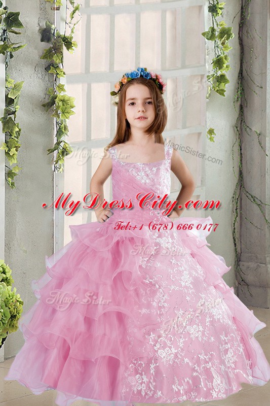 Square Sleeveless Girls Pageant Dresses Floor Length Lace and Ruffled Layers Lilac Organza