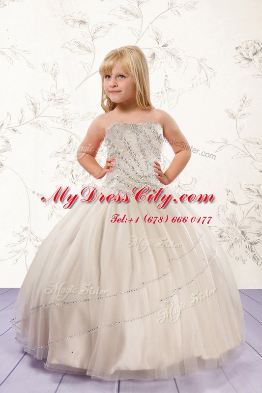 Adorable Tulle Sleeveless Floor Length Girls Pageant Dresses and Beading