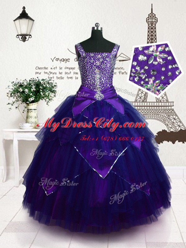 Enchanting Purple Lace Up Straps Beading and Belt Girls Pageant Dresses Tulle Sleeveless