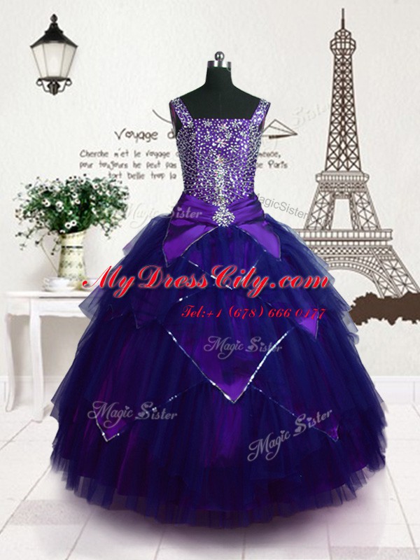 Enchanting Purple Lace Up Straps Beading and Belt Girls Pageant Dresses Tulle Sleeveless