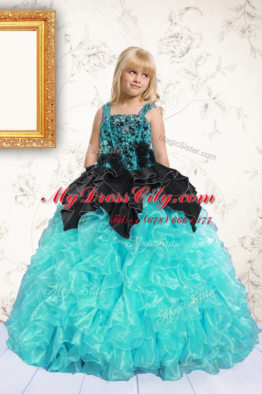 Aqua Blue Organza Lace Up Party Dresses Sleeveless Floor Length Beading and Pick Ups