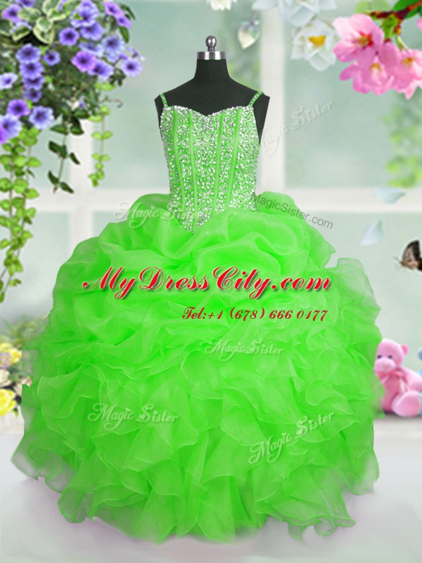 Apple Green Straps Lace Up Beading and Ruffles and Pick Ups Pageant Gowns For Girls Sleeveless