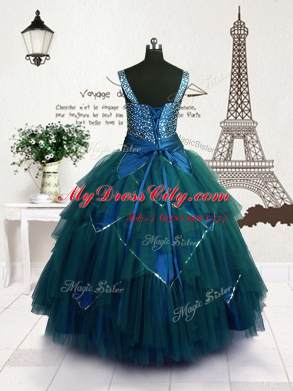 High Class Teal Ball Gowns Tulle Straps Sleeveless Beading and Belt Floor Length Lace Up Little Girls Pageant Gowns