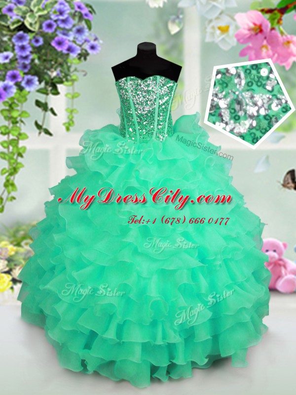 Ruffled Layers and Sequins Party Dresses Turquoise Lace Up Sleeveless Floor Length