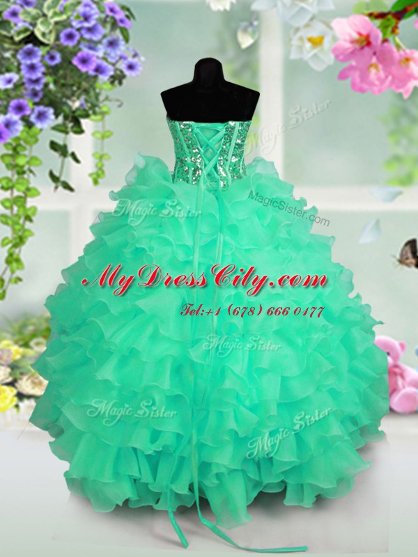 Ruffled Layers and Sequins Party Dresses Turquoise Lace Up Sleeveless Floor Length