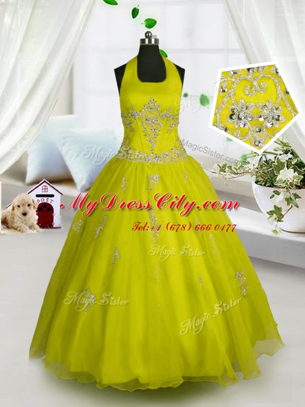 Halter Top Yellow Tulle Lace Up Teens Party Dress Sleeveless Floor Length Appliques