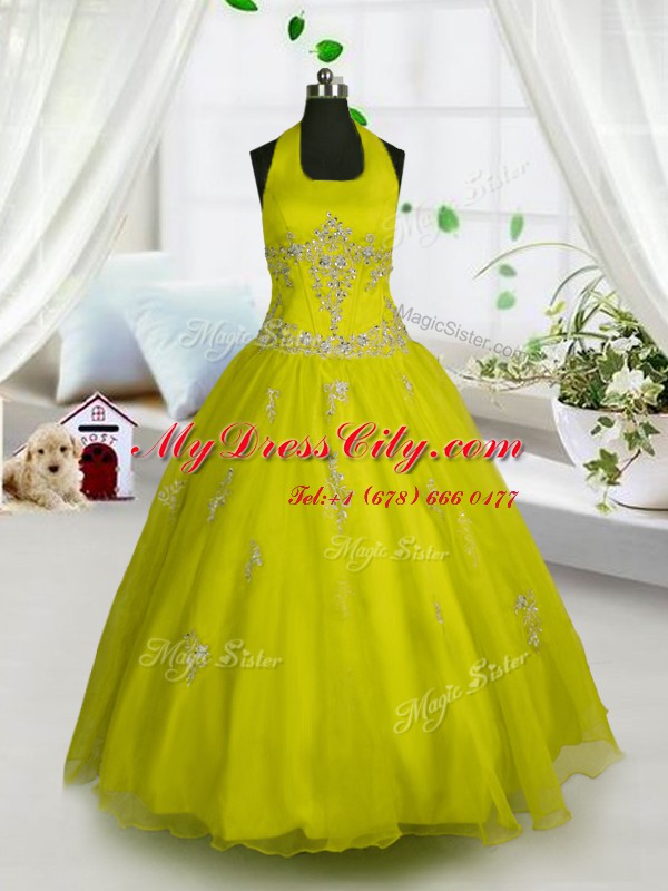 Halter Top Yellow Tulle Lace Up Teens Party Dress Sleeveless Floor Length Appliques