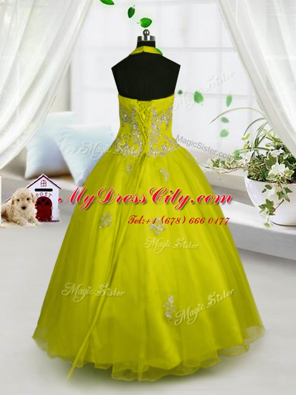 Halter Top Yellow Tulle Lace Up Teens Party Dress Sleeveless Floor Length Appliques