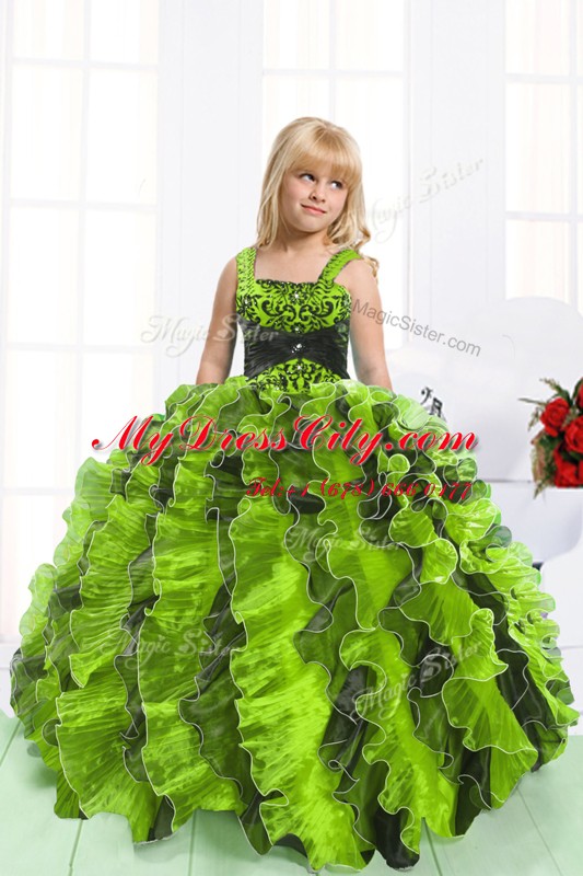 Yellow Green Ball Gowns Straps Sleeveless Organza Floor Length Lace Up Beading and Ruffles Little Girls Pageant Gowns