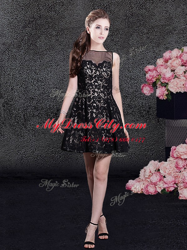 Lace Mini Length A-line Sleeveless Black Party Dresses Side Zipper