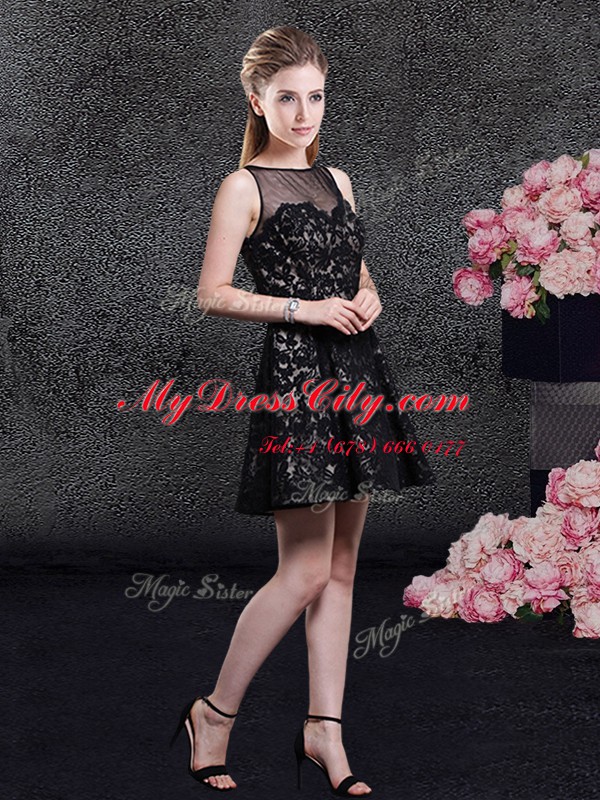 Lace Mini Length A-line Sleeveless Black Party Dresses Side Zipper