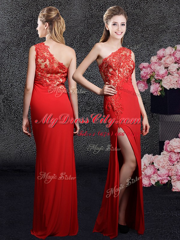 One Shoulder Sleeveless Evening Dress Floor Length Lace and Appliques Red Chiffon