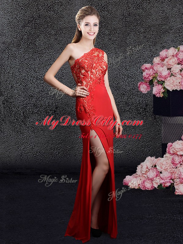 One Shoulder Sleeveless Evening Dress Floor Length Lace and Appliques Red Chiffon