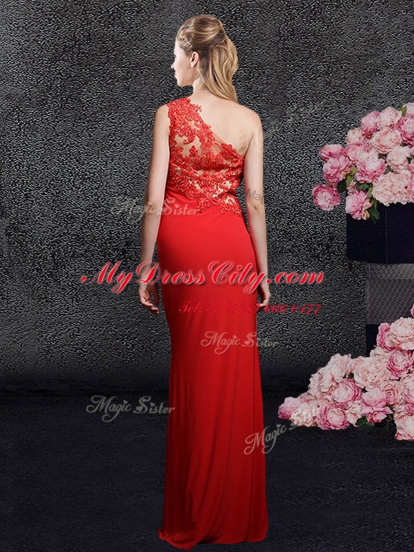 One Shoulder Sleeveless Evening Dress Floor Length Lace and Appliques Red Chiffon