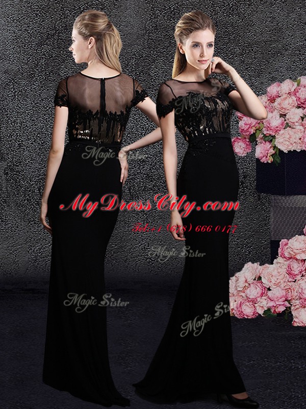 Customized Scoop Sequins Black Short Sleeves Elastic Woven Satin Sweep Train Zipper Prom Evening Gown for Prom and Party and Military Ball and Wedding Party