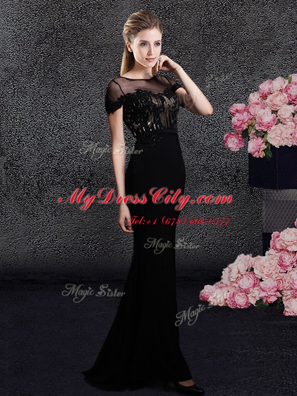 Customized Scoop Sequins Black Short Sleeves Elastic Woven Satin Sweep Train Zipper Prom Evening Gown for Prom and Party and Military Ball and Wedding Party