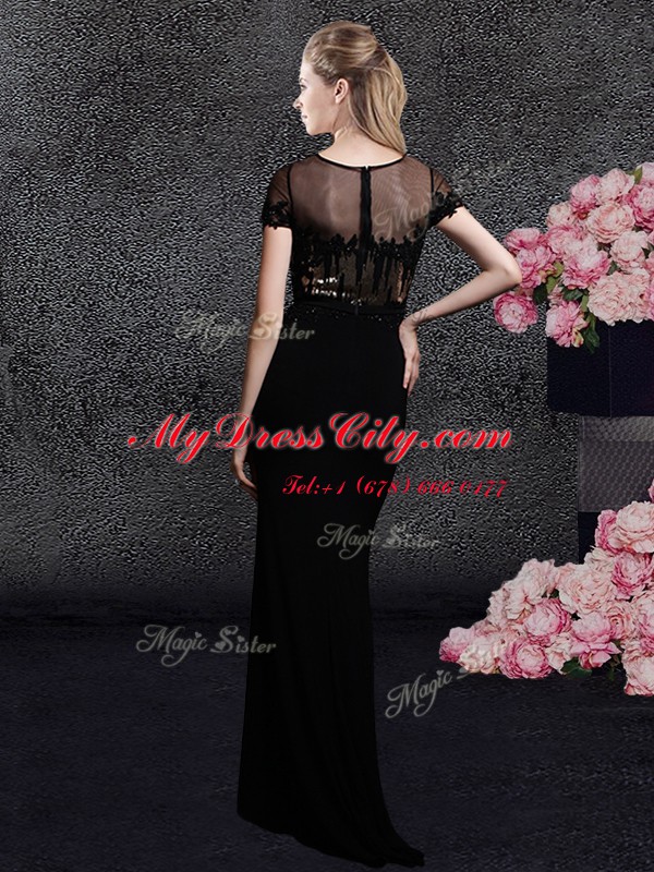 Customized Scoop Sequins Black Short Sleeves Elastic Woven Satin Sweep Train Zipper Prom Evening Gown for Prom and Party and Military Ball and Wedding Party