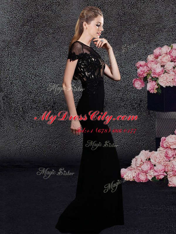 Customized Scoop Sequins Black Short Sleeves Elastic Woven Satin Sweep Train Zipper Prom Evening Gown for Prom and Party and Military Ball and Wedding Party