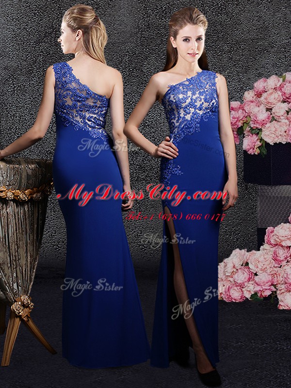 Classical One Shoulder Sleeveless Evening Dress Floor Length Lace and Appliques Royal Blue Elastic Woven Satin