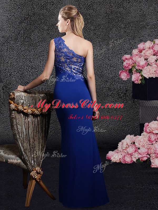 Classical One Shoulder Sleeveless Evening Dress Floor Length Lace and Appliques Royal Blue Elastic Woven Satin