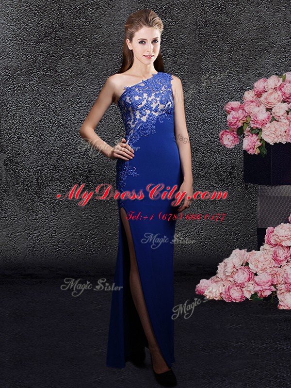 Classical One Shoulder Sleeveless Evening Dress Floor Length Lace and Appliques Royal Blue Elastic Woven Satin