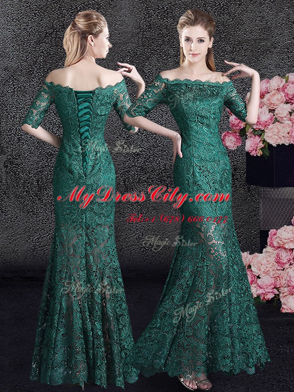 Scalloped Floor Length Mermaid Half Sleeves Dark Green Prom Evening Gown Lace Up