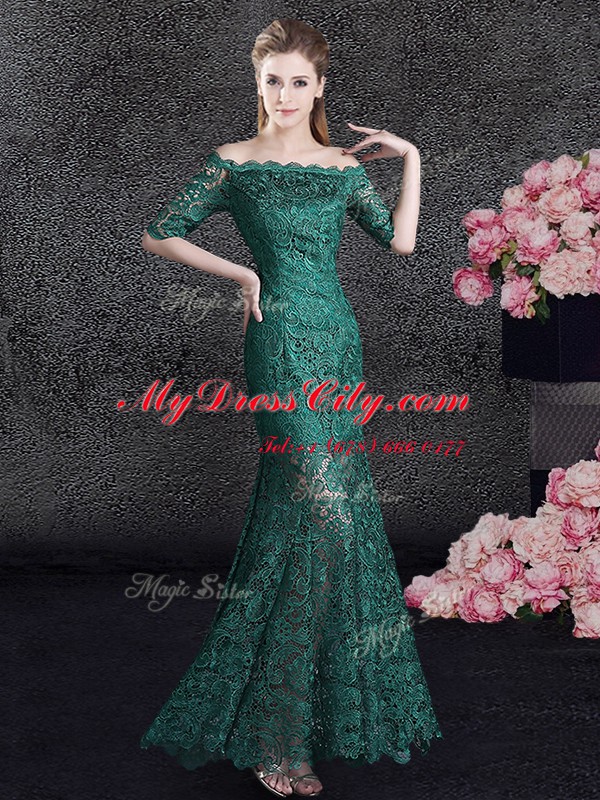 Scalloped Floor Length Mermaid Half Sleeves Dark Green Prom Evening Gown Lace Up