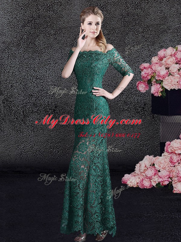 Scalloped Floor Length Mermaid Half Sleeves Dark Green Prom Evening Gown Lace Up