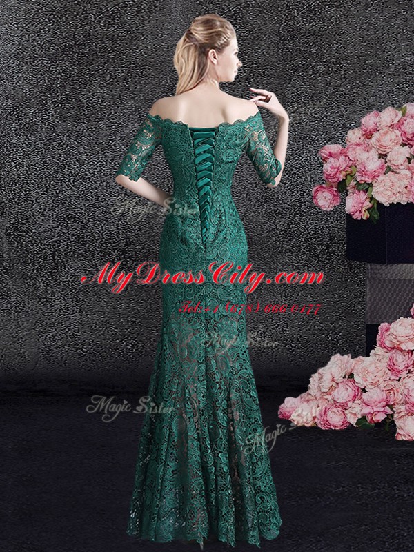 Scalloped Floor Length Mermaid Half Sleeves Dark Green Prom Evening Gown Lace Up