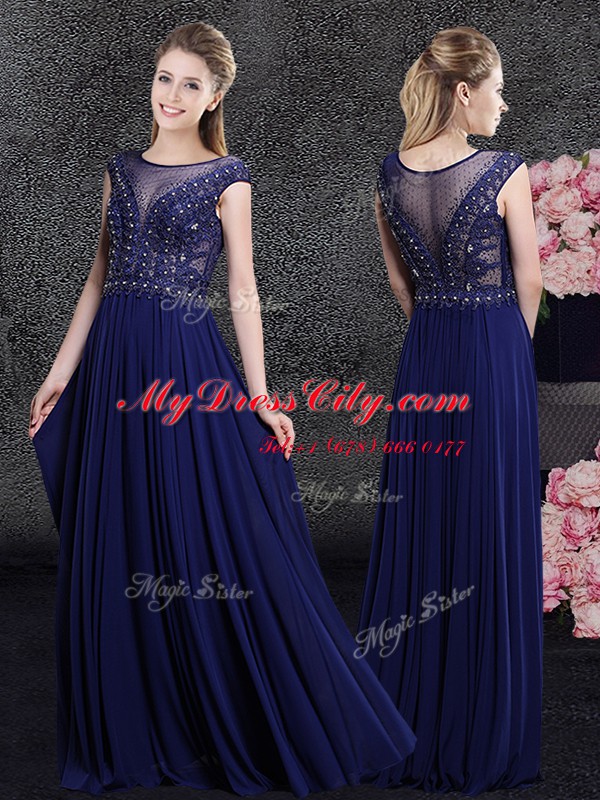 Customized Scoop Cap Sleeves Chiffon Floor Length Side Zipper Evening Dress in Navy Blue with Beading and Appliques