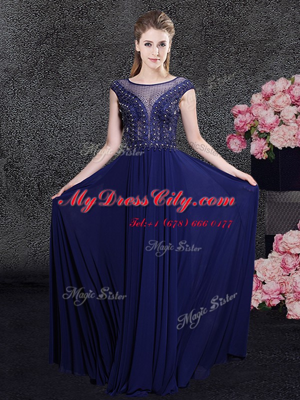 Customized Scoop Cap Sleeves Chiffon Floor Length Side Zipper Evening Dress in Navy Blue with Beading and Appliques