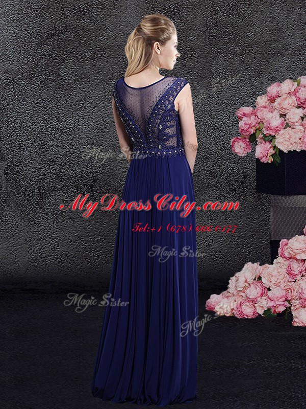 Customized Scoop Cap Sleeves Chiffon Floor Length Side Zipper Evening Dress in Navy Blue with Beading and Appliques