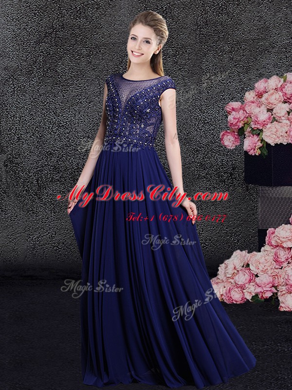 Customized Scoop Cap Sleeves Chiffon Floor Length Side Zipper Evening Dress in Navy Blue with Beading and Appliques