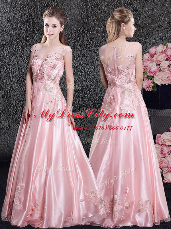 Scoop Floor Length Baby Pink Prom Dress Organza Cap Sleeves Appliques