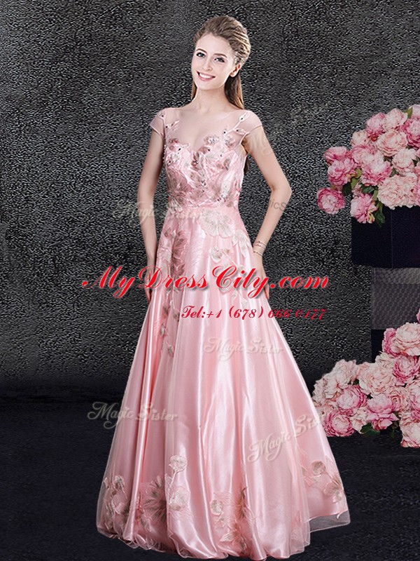 Scoop Floor Length Baby Pink Prom Dress Organza Cap Sleeves Appliques