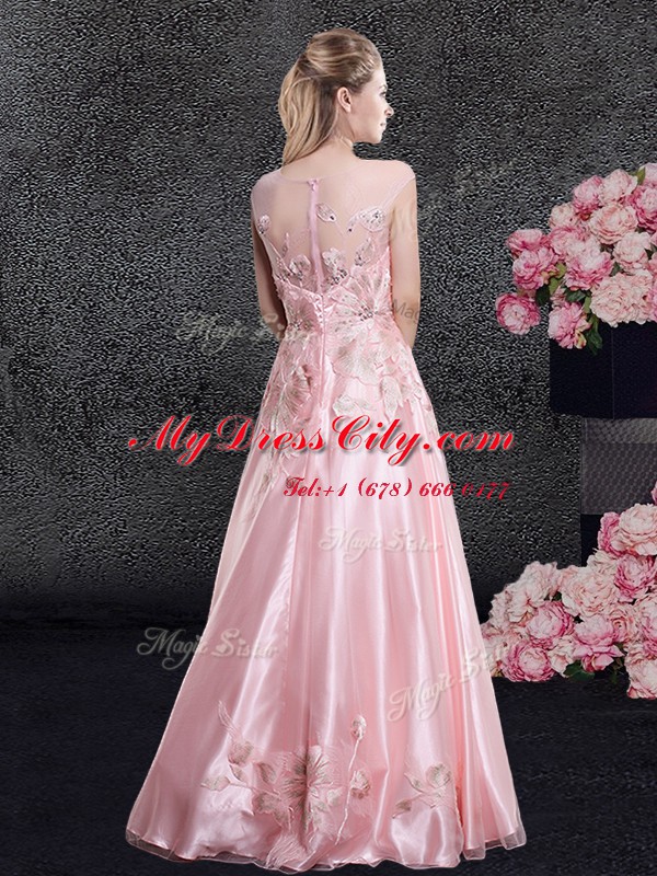 Scoop Floor Length Baby Pink Prom Dress Organza Cap Sleeves Appliques