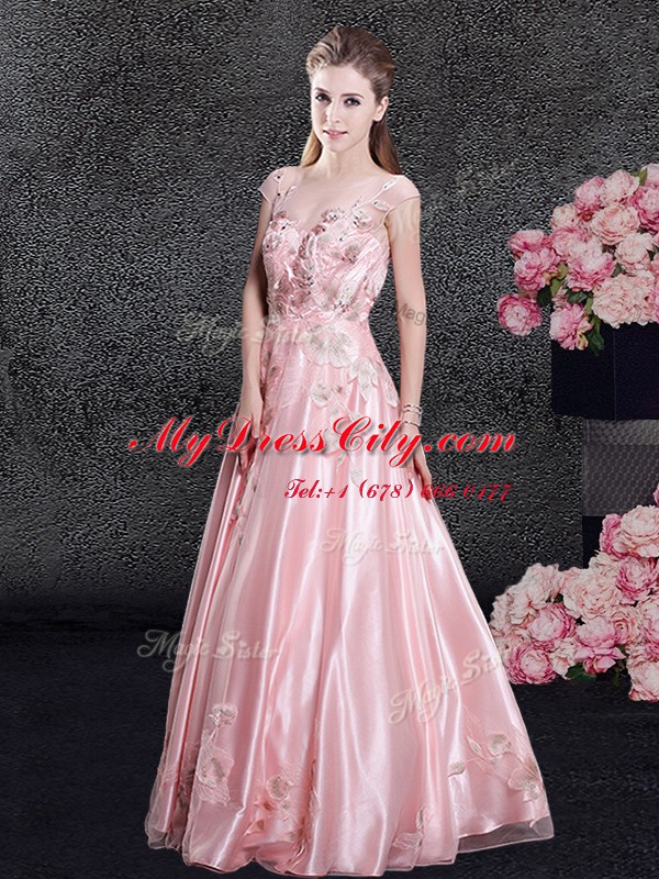 Scoop Floor Length Baby Pink Prom Dress Organza Cap Sleeves Appliques