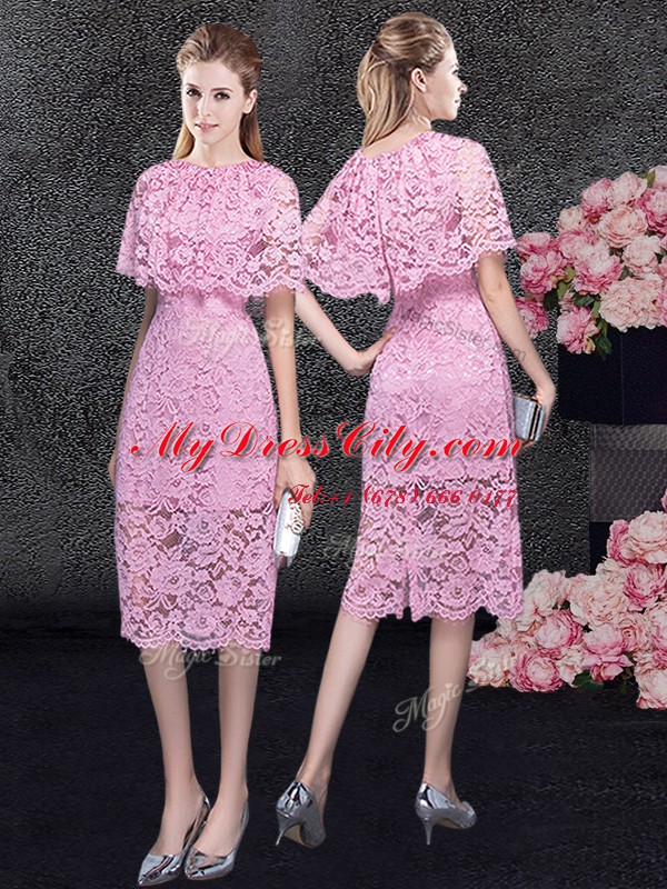 High End Scoop Pink Half Sleeves Lace Zipper Cocktail Dresses for Prom and Party and Military Ball and Wedding Party