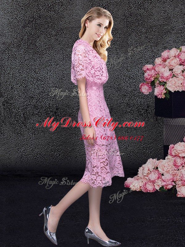 High End Scoop Pink Half Sleeves Lace Zipper Cocktail Dresses for Prom and Party and Military Ball and Wedding Party