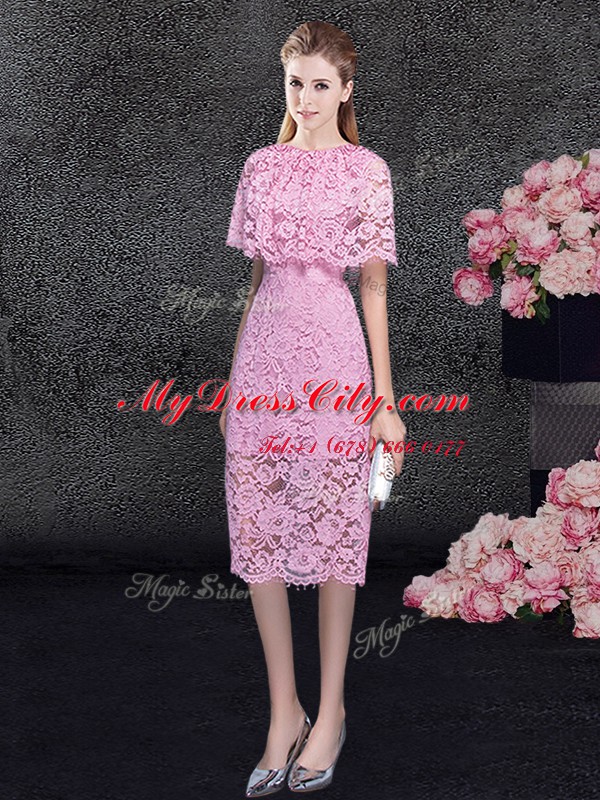 High End Scoop Pink Half Sleeves Lace Zipper Cocktail Dresses for Prom and Party and Military Ball and Wedding Party