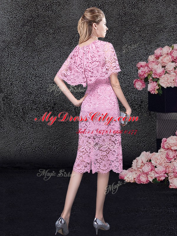 High End Scoop Pink Half Sleeves Lace Zipper Cocktail Dresses for Prom and Party and Military Ball and Wedding Party