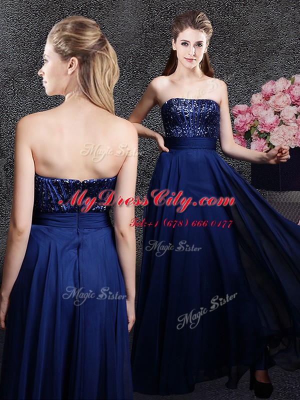 Cheap Sleeveless Floor Length Sequins Zipper Prom Dress with Navy Blue