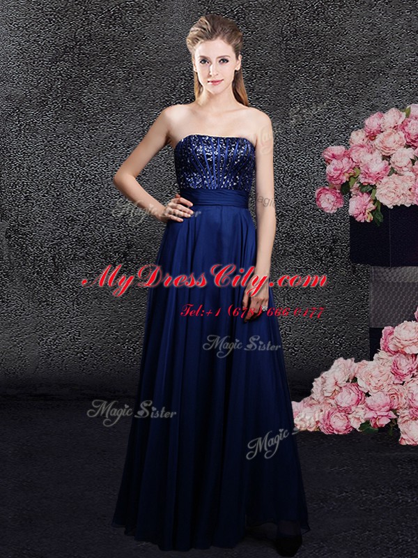 Cheap Sleeveless Floor Length Sequins Zipper Prom Dress with Navy Blue