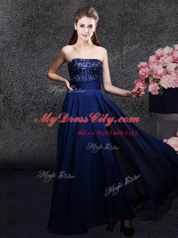 Cheap Sleeveless Floor Length Sequins Zipper Prom Dress with Navy Blue