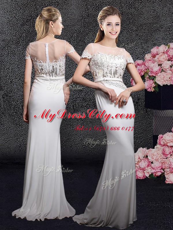 White Elastic Woven Satin Zipper Scoop Short Sleeves With Train Homecoming Dress Brush Train Appliques and Sequins