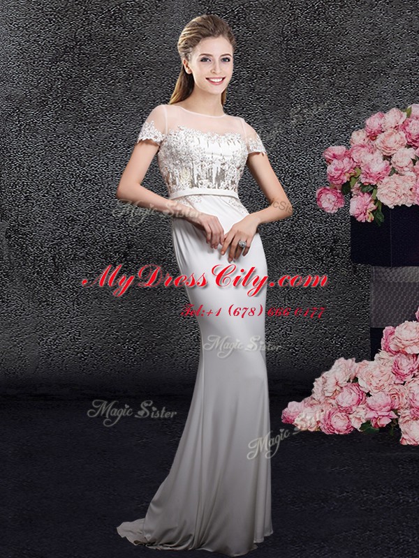 White Elastic Woven Satin Zipper Scoop Short Sleeves With Train Homecoming Dress Brush Train Appliques and Sequins