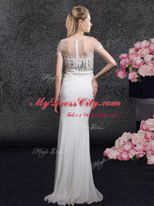 White Elastic Woven Satin Zipper Scoop Short Sleeves With Train Homecoming Dress Brush Train Appliques and Sequins