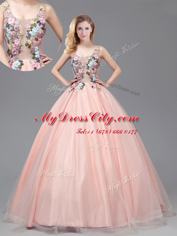 Fine Straps See Through Sleeveless Tulle Floor Length Criss Cross Vestidos de Quinceanera in Baby Pink with Appliques